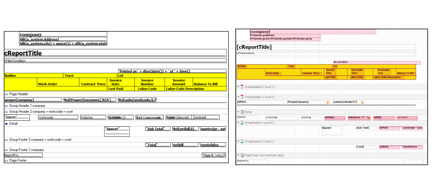 Comparison of a Visual FoxPro report before (left) and after (right) automatic conversion to C#.NET